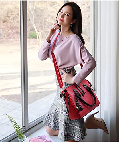 Haipky Vintage Tassel Handbag, Red 4-Piece Set