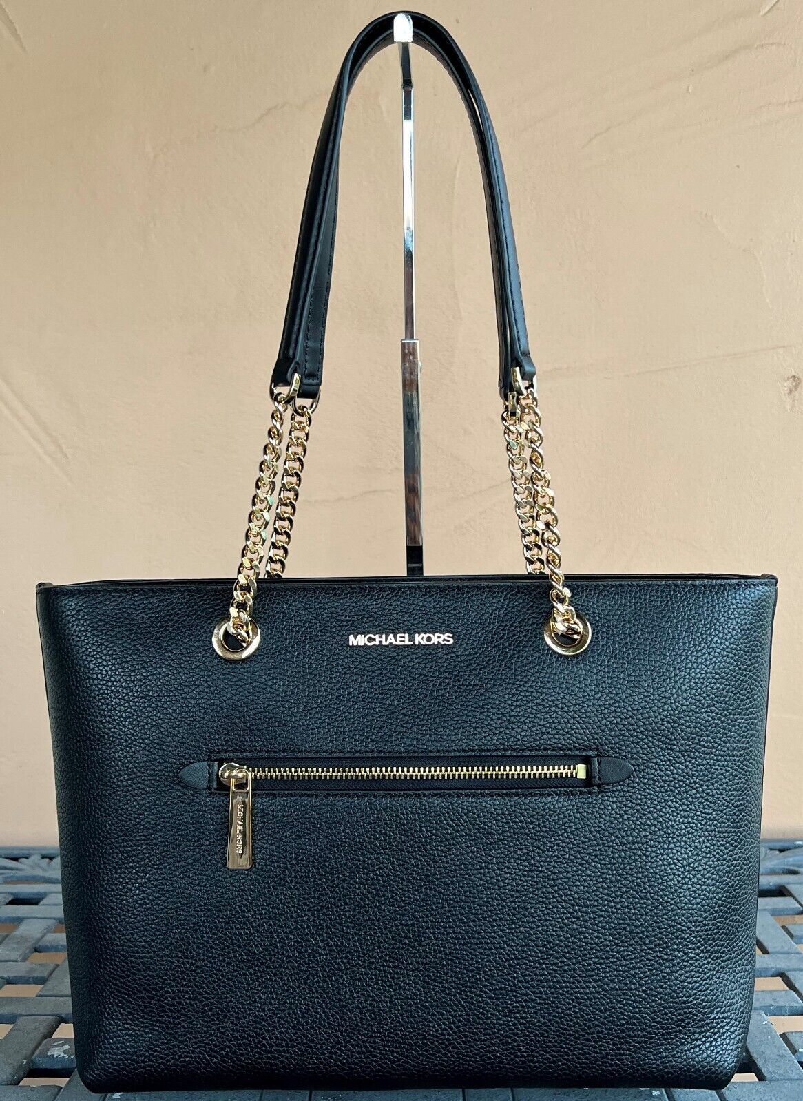 Michael Kors Black Pebbled Leather Chain Top Zip Tote