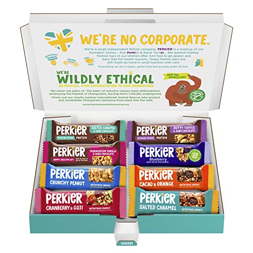 Perkier Variety Box Snack Bars (8 Pack) – Vegan – Gluten Free – Protein – High Fibre – Lower Sugar - Natural Ingredients – Lower Calorie – Healthy – No Palm Oil