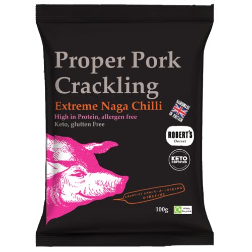 SCT Proper Pork Crackling - Available Different Flavors - Keto, Gluten & Allergen Free, Low Carb, High Protein - Handmade in Britain With Family Recipe (Extreme Naga Chilli, 100g Bag)