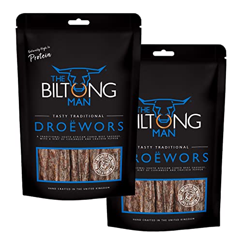 The Biltong Man | Tasty Traditional Droëwors Sticks | High Protein Beef Snack | Keto-friendly South African Dried Beef Sausage, 1 Kilogram (2 x 500 Gram Packs)