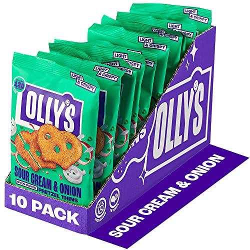 Olly's Pretzel Thins, Sour Cream, 35g (Pack of 10), Handy Snack Pouches, Healthy Plant-Based Vegan Snacks for Dipping, Low Calorie Snacks, Low Fat, Source of Fibre, No Preservatives