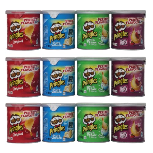 Pringles Crisps Pop & Go Travel Box of 12 Multi Flavour Pots, Sour Cream & Onion, Salt & Vinegar, Texas BBQ, Original- Perfect for a Family Cinema Night- Sleepover -Suitable For Vegetarians & Vegans