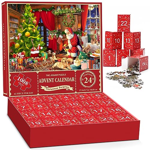 Advent Calendar 2023 Christmas Jigsaw Puzzle - Santa Claus Prepares Gifts,24 Boxes-1008 Pieces Puzzles for Adults and Kids Countdown to Christmas Home Decoration