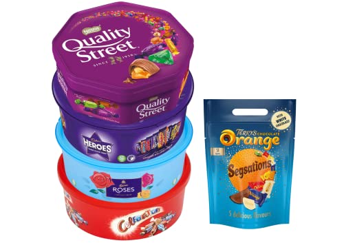 Christmas Chocolate Tubs - Cadbury Bulk Chocolate Tubs -1 Chocolate Orange Segsation 1 Heroes Chocolates Tub 1 Roses Chocolate Tub 1 Quality Street chocolates 1x Celebrations Chocolate Tub (Pack of 5)