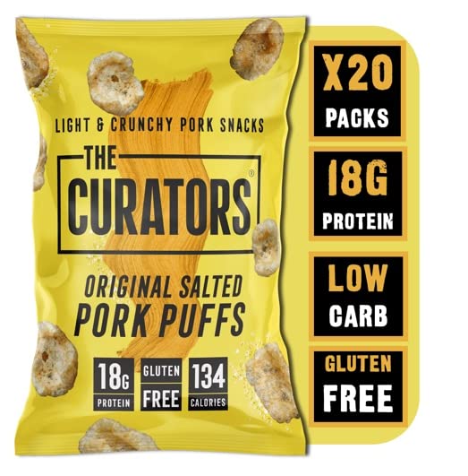 THE CURATORS High Protein Pork Puffs, Original Salted, 25g (20 Packs) 18g Protein Crisp Low Carb Keto Gluten Free Savoury Snack