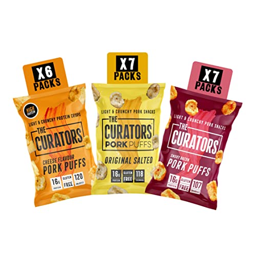 THE CURATORS High Protein Pork Puffs Variety Pack, 7 x Original Salted, 7 x Smoky Bacon & 6 Cheese, 25g (20 Packs) Crisp Low Carb Keto Gluten Free Savoury Snack