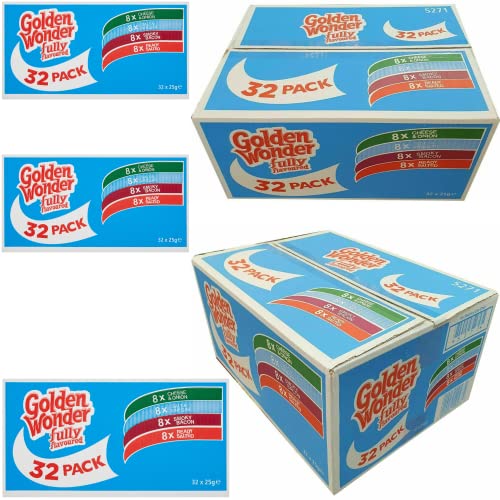 Golden Wonder Fully Flavoured Blue Box Cheese and Onion Salt and Vinegar Smoky Bacon Ready Salted 32pkx25g, 1.15 kilograms