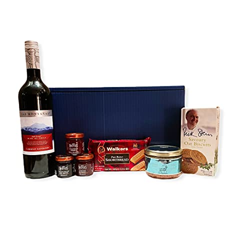 Las Montanas Red Wine and Nibbles Hamper Presented in a Blue Gift Box - Gift Ideas for Christmas, Valentines, Mothers Day, Birthday, Wedding, Anniversary, Thank You, Business and Corporate
