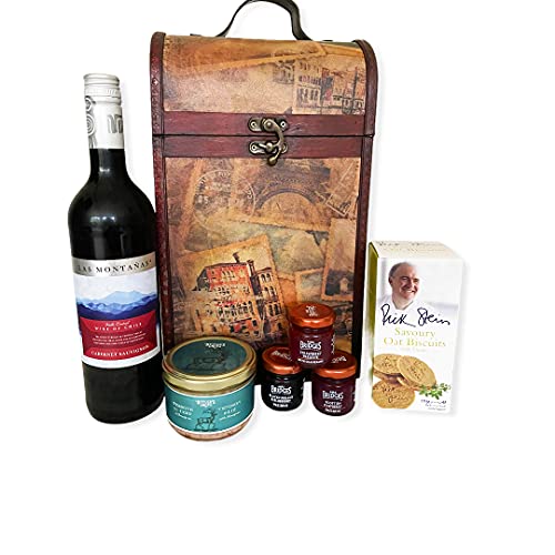 The Premium Clarendon Vintage Wooden Chest Hamper with 750ml Montanas Red Wine and Snacks - Ideal Present for Birthdays, Anniversaries, Retirement