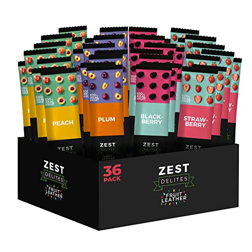 Zest Delites Fruit Roll Ups, Fruit Leather Gluten Free Snacks, Vegan Sweets, Healthy Snacks, 28g Pack of 36 Strawberry, Blackberry, Apricot, Plum, Vegeterian Sweets for Kids, Fruit Kids Snacks