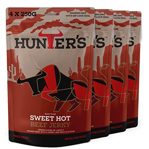 Hunters Sweet Hot Beef Jerky, 1kg Pack of 4 x 250g Lightly Smoked Beef Jerky, High Protein, MSG Free, Tender slices of Beef infused with spices that warm the palate