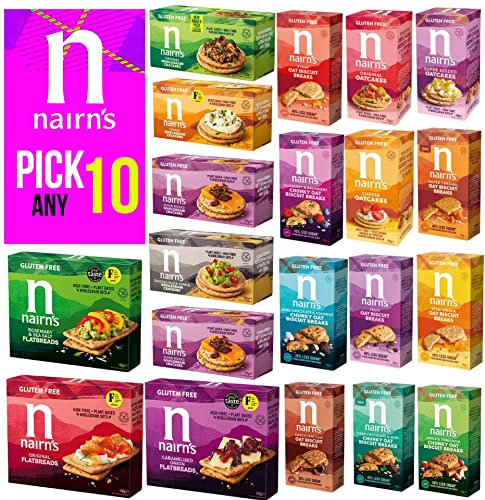 Nairn's PICK ANY 10 Gluten Free Oat Biscuits, Oatcakes, Crackers, Flatbreads. Flavours inc. Chocolate chip, cheese, fruit and seed, Stem Ginger, Mixed Berries, Salted Caramel Etc.