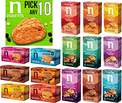 Nairn's PICK ANY 10 Gluten Free & Non Gluten Free Oat Biscuits. Flavours inc. Chocolate chip, cheese, fruit and seed, Stem Ginger, Mixed Berries, Salted Caramel, Etc, 2200.gram