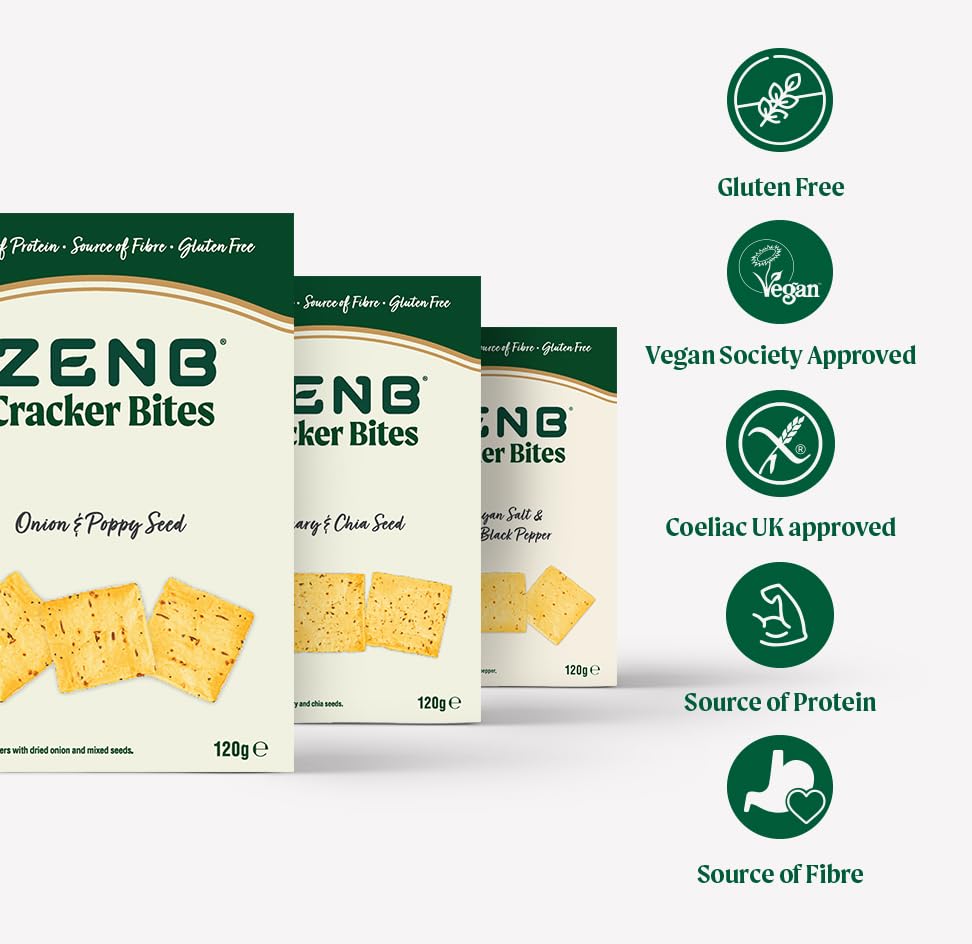 ZENB Cracker Bites - Gluten Free Healthy Snacks for Adults - Vegan Snack Variety Pack with 6g Protein per Serving - 3 x 120g