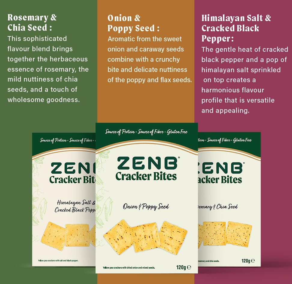 ZENB Cracker Bites - Gluten Free Healthy Snacks for Adults - Vegan Snack Variety Pack with 6g Protein per Serving - 3 x 120g