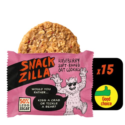 Healthy Kids Snacks Oat Biscuits - Snackzilla 50% Less Sugar Oat Cookies (15x30g : Raspberry) Soft Baked Lunch Box Snacks & School Snack Box, Healthy Snacks Vegan Biscuits, Dried Fruit Snacks