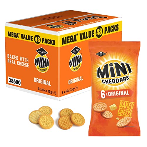 Jacob's Mini Cheddars Snacks Bulk - Mega Value Box of 48 x 23g Original Cheddar Biscuits Baked with Real Cheese. Bar Snacks for Home Pub, Birthday Party Food or Lunchbox Snacks with Topline Card.