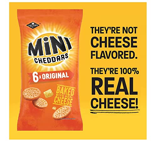 Jacob's Mini Cheddars Snacks Bulk - Mega Value Box of 48 x 23g Original Cheddar Biscuits Baked with Real Cheese. Bar Snacks for Home Pub, Birthday Party Food or Lunchbox Snacks with Topline Card.