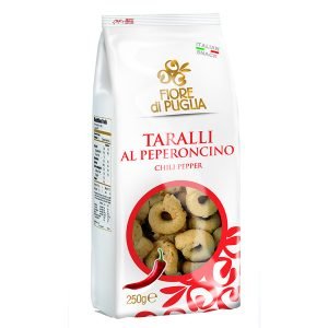 Taralli with Chilli Flavour 250g. Italian savoury Biscuits. Perfect as a Snack or as Crackers which Complements Perfectly with Cheese platters or antipasti.