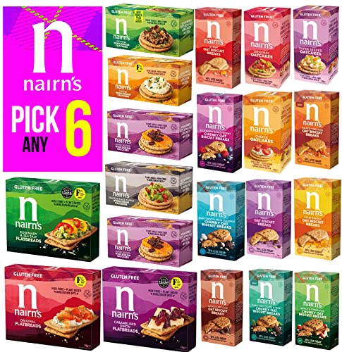 Nairn's PICK ANY 6 Gluten Free Oat Biscuits, Oatcakes, Crackers, Flatbreads. Flavours inc. Chocolate chip, cheese, fruit and seed, Stem Ginger, Mixed Berries, Salted Caramel Etc.