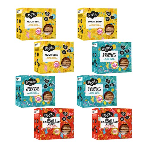 Angelic Free From Vegan Savoury Crackers 8 Pack Mixed Variety Box. Multi Pack Gluten & Allergen Free Snack Biscuit Bites. Low Calorie Plant Based Snacking Crisps For Cheese, Dip, Sauce & Houmous.
