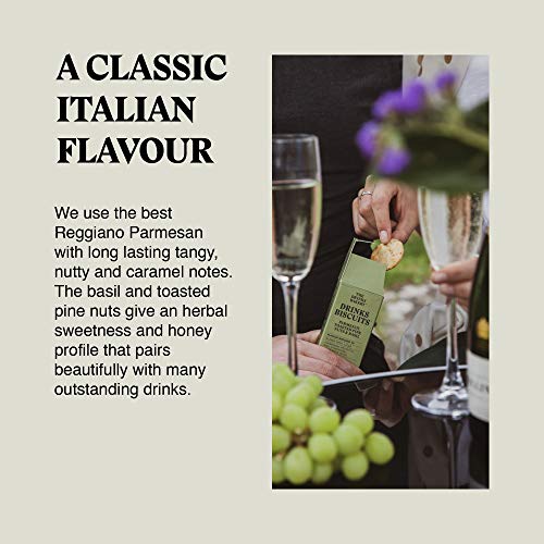The Drinks Bakery Parmesan, Toasted Pine Nuts, & Basil 8 x 36g | Pairs with Champagne, Prosecco, Whisky, & Fruity White Wines | Award Winning Drinks Biscuits as Seen on Dragons’ Den |