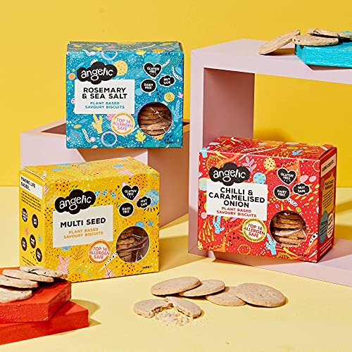 Angelic Free From Vegan Savoury Crackers 8 Pack Mixed Variety Box. Multi Pack Gluten & Allergen Free Snack Biscuit Bites. Low Calorie Plant Based Snacking Crisps For Cheese, Dip, Sauce & Houmous.