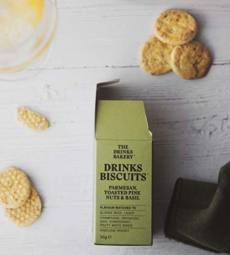 The Drinks Bakery Parmesan, Toasted Pine Nuts, & Basil 8 x 36g | Pairs with Champagne, Prosecco, Whisky, & Fruity White Wines | Award Winning Drinks Biscuits as Seen on Dragons’ Den |