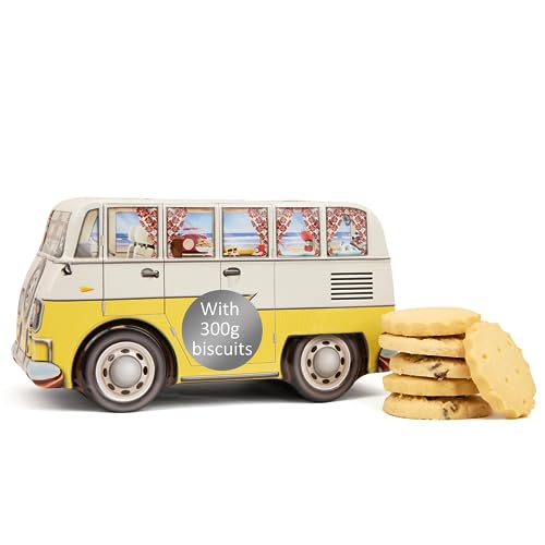 Camper Van Biscuit Tin - Biscuits Gift Set, Traditional Biscuits Gift Box, Biscuits Tin with Selection, Family Biscuit Box - Novelty British Gifts for Men and Women - Yellow