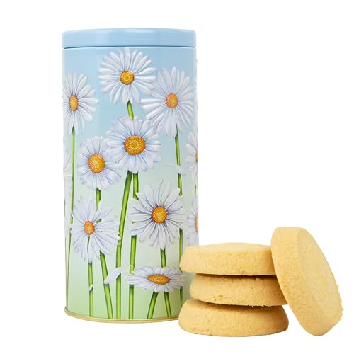 Floral Biscuit Tin Gift - Biscuits Gift Set with Scottish Shortbread, Biscuits Gift Box, Cylinder Biscuits Tin, Biscuit Hamper, Family Biscuit Box - Novelty British Gifts for Women, Men - Daisy