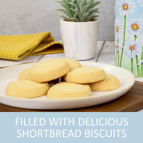 Floral Biscuit Tin Gift - Biscuits Gift Set with Scottish Shortbread, Biscuits Gift Box, Cylinder Biscuits Tin, Biscuit Hamper, Family Biscuit Box - Novelty British Gifts for Women, Men - Daisy