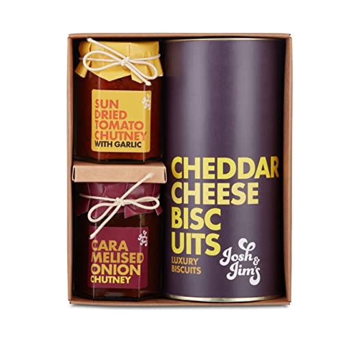 Josh & Jim's | Luxury Savoury Trio Gift Pack | Cheddar Cheese Biscuits 150g, Sundried Tomato Chutney with Garlic 90g, Caramelised Onion Chutney 100g