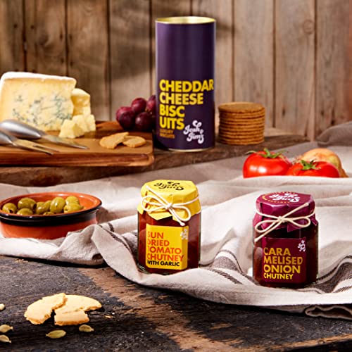 Josh & Jim's | Luxury Savoury Trio Gift Pack | Cheddar Cheese Biscuits 150g, Sundried Tomato Chutney with Garlic 90g, Caramelised Onion Chutney 100g