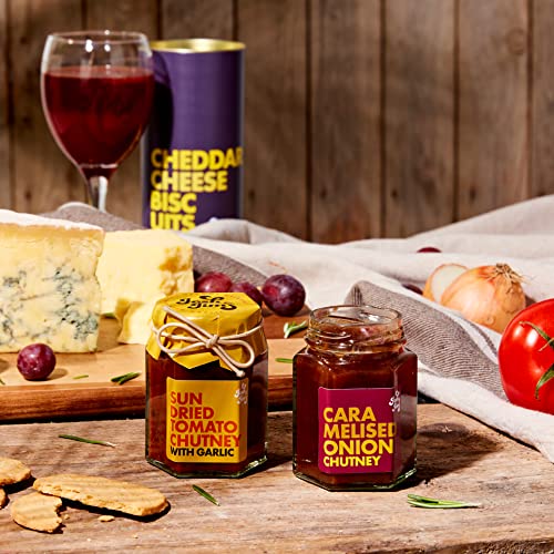 Josh & Jim's | Luxury Savoury Trio Gift Pack | Cheddar Cheese Biscuits 150g, Sundried Tomato Chutney with Garlic 90g, Caramelised Onion Chutney 100g