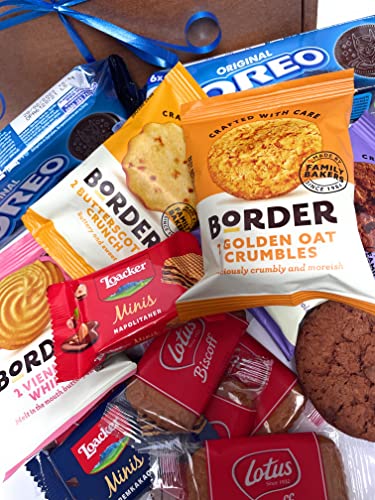 AST GIFTS Biscuits Hamper Treat Box has 4 Packs of Border Biscuits, Lotus Biscoff Biscuits, Oreos and wafers. an Ideal Afternoon Tea Gift Basket of Munchies for Any Occasion