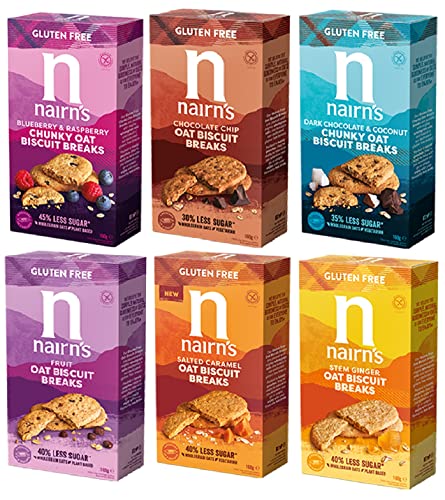 Nairn's Gluten Free Sweet Variety Pack - Choc Chip/Stem Ginger/Fruit/Salted Caramel/Dark Chocolate Coconut/Blueberry & Raspberry Chunky Biscuit Breaks Etc. Pack of 6