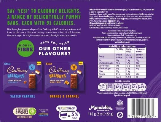 Cadbury Delights Soft Nougat Hazelnut Flavour and Caramel Bars, 22 g (Pack of 5)