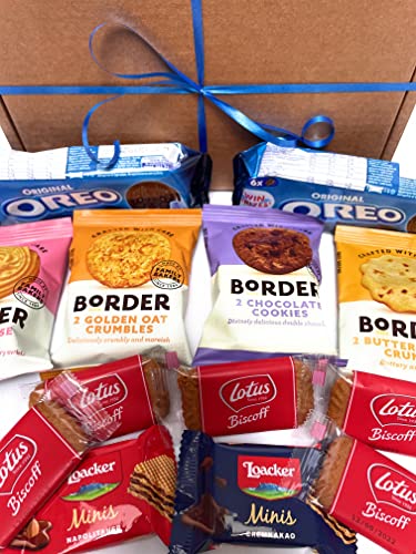 AST GIFTS Biscuits Hamper Treat Box has 4 Packs of Border Biscuits, Lotus Biscoff Biscuits, Oreos and wafers. an Ideal Afternoon Tea Gift Basket of Munchies for Any Occasion
