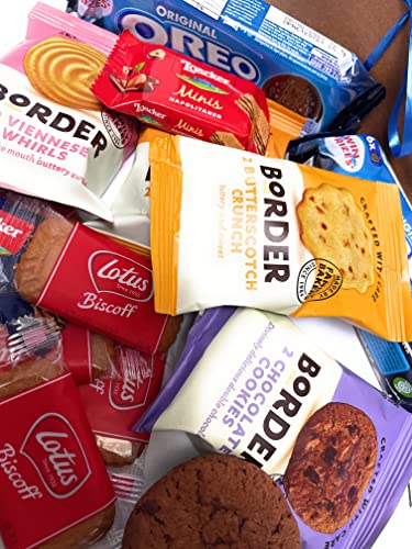 AST GIFTS Biscuits Hamper Treat Box has 4 Packs of Border Biscuits, Lotus Biscoff Biscuits, Oreos and wafers. an Ideal Afternoon Tea Gift Basket of Munchies for Any Occasion