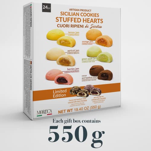 Sicilian Stuffed Hearts, 24 assorted single-portion biscuits | 18 Hearts filled with Jam and 6 Hearts filled with Cream, in an elegant gift box | Moreca, Sicilian sweets, artisanal production