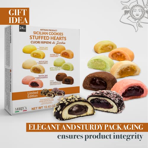 Sicilian Stuffed Hearts, 24 assorted single-portion biscuits | 18 Hearts filled with Jam and 6 Hearts filled with Cream, in an elegant gift box | Moreca, Sicilian sweets, artisanal production