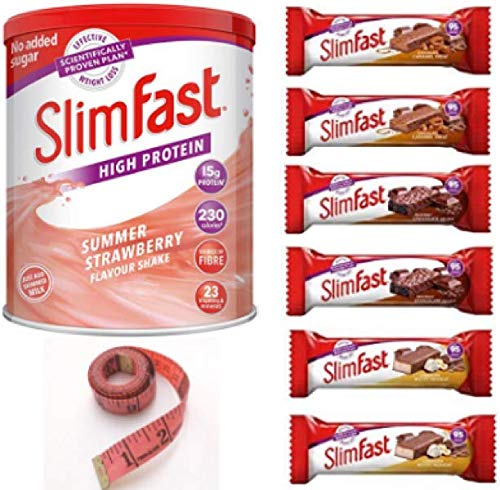 Slim Fast Meal Replacement Summer Strawberry Powder Shake 438 G and 6, 95 Calories Snack Bars with AETN Measuring Tape