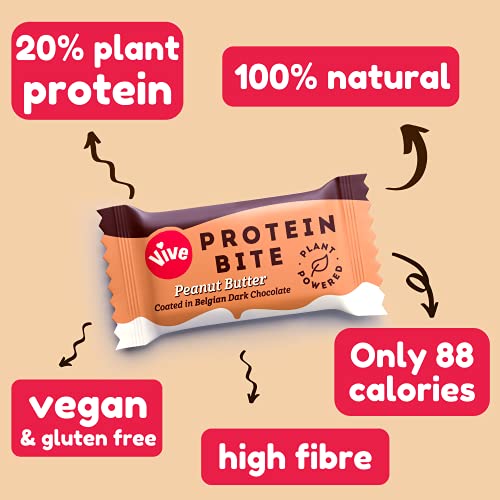 Vive Protein Bites, Gluten Free, High Fibre, Vegan Snacks, Mini Protein Bars, Dark Chocolate Coated Peanut Butter Flavour, 21 x 20g