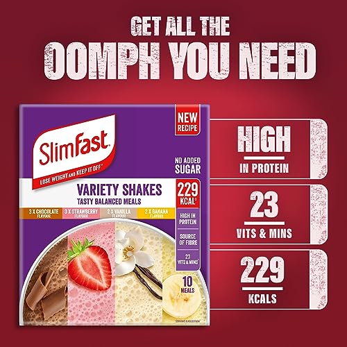 SlimFast Variety Shakes Sachet Assorted Box, Tasty Shakes for Balanced Diet, Chocolate, Strawberry, Vanilla and Banana Flavours,, 10 Count (Pack of 3)