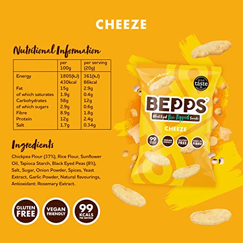 BEPPS Snacks - Popped Chips (70g) | Vegan, Gluten Free, Low Calories (86kcal/serving), Plant-based Source of Protein & Fibre, Dairy free, Non-GMO, Healthy Crisps UK (Vegan Cheese, 70g (Pack of 8))