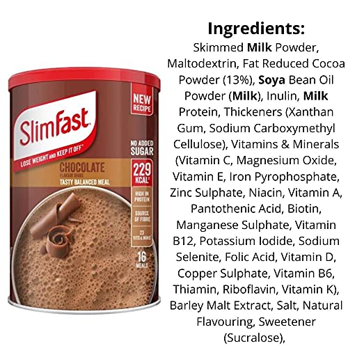 Slim Fast Chocolate Flavour Shake Powder 600g - 16 Servings Balanced Meal Replacement 229kcal, Rich In Protein, Fibre, 23 Vitamins And Minerals