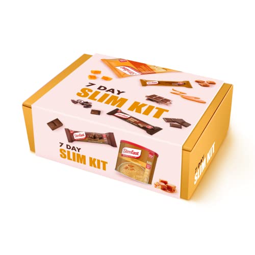 AETN Creations 7 Day Starter Kit Caramel Edition Weight Loss Diet Pack Slimfast Powder Shake, Meal Replacement Bars, Snack Bags & Bars from Slim Fast and Fridge Magnet, High Protein