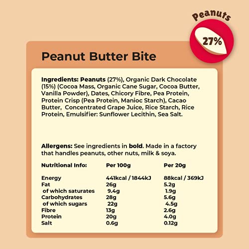 Vive Protein Bites, Gluten Free, High Fibre, Vegan Snacks, Mini Protein Bars, Dark Chocolate Coated Peanut Butter Flavour, 21 x 20g