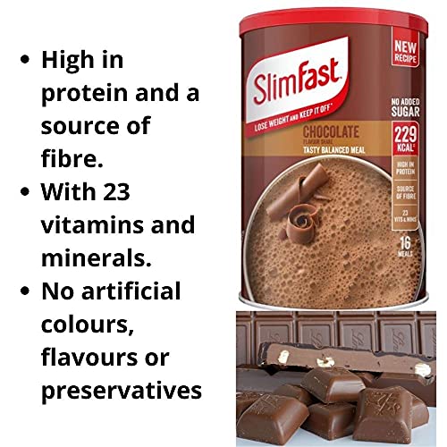 Slim Fast Chocolate Flavour Shake Powder 600g - 16 Servings Balanced Meal Replacement 229kcal, Rich In Protein, Fibre, 23 Vitamins And Minerals